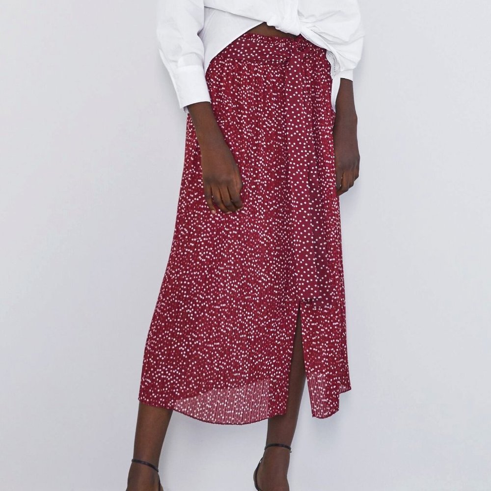 Zara | Burgundy Polka Dot Print Pleated Midi Skirt
